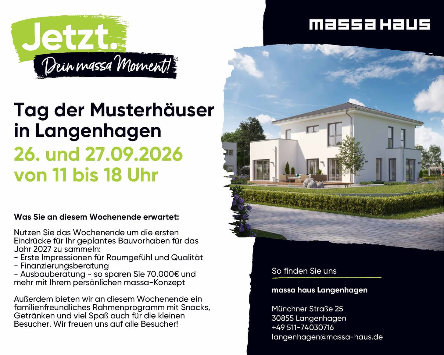 Modernes weißes Musterhaus mit großen Fenstern und gepflegtem Garten bei sonnigem Wetter in Langenhagen