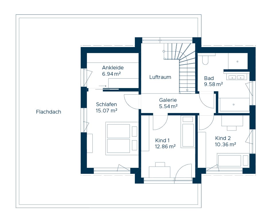 Grundriss Obergeschoss mit Schlafzimmer, Ankleide, zwei Kinderzimmern, Bad, Galerie