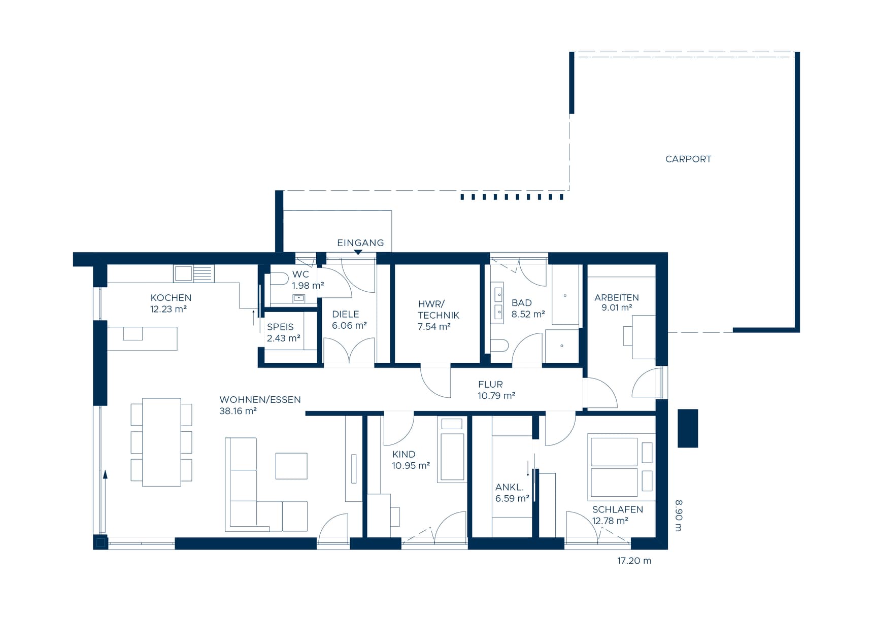 Grundriss eines Hauses mit Küche, Wohnzimmer, Schlafzimmer, Bad, Arbeitszimmer und Carport