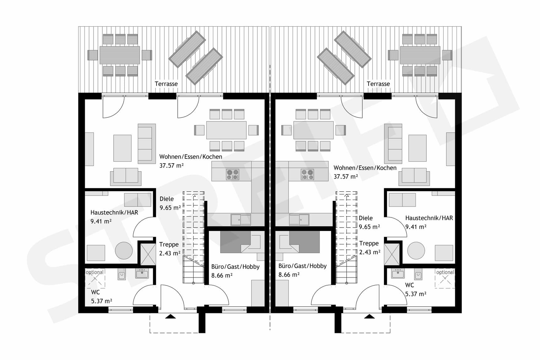 Fertighaus Doppelhaus Erdgeschoss mit zwei spiegelgleichen Wohneinheiten, zentralen Treppen und Terrassen