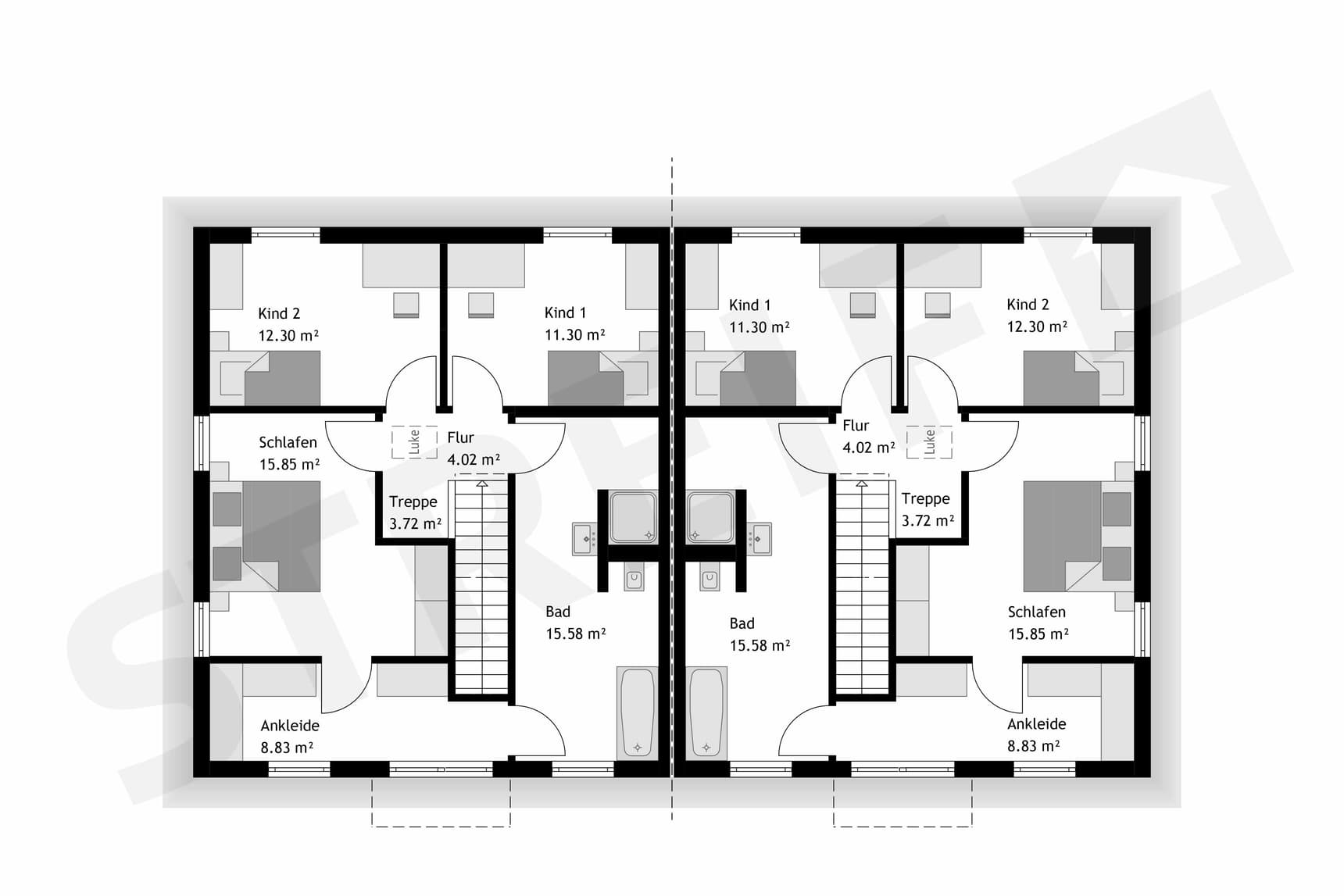 Fertighaus Doppelhaus Obergeschoss mit zentralen Treppen, je zwei Kinderzimmern, Schlafzimmern, Ankleiden und Bädern