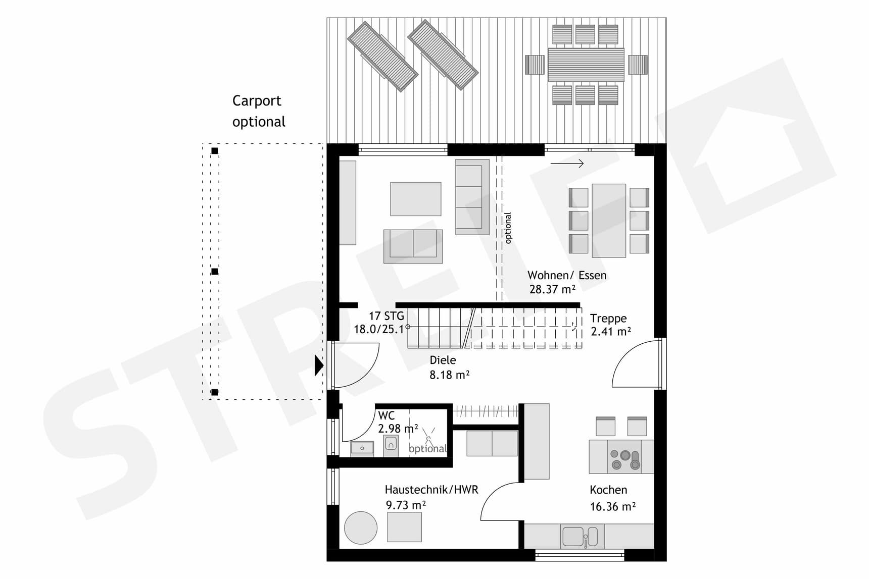 Fertighaus Einfamilienhaus Erdgeschoss mit zentraler Treppe, Wohn-Essbereich, Küche, HWR und Terrasse