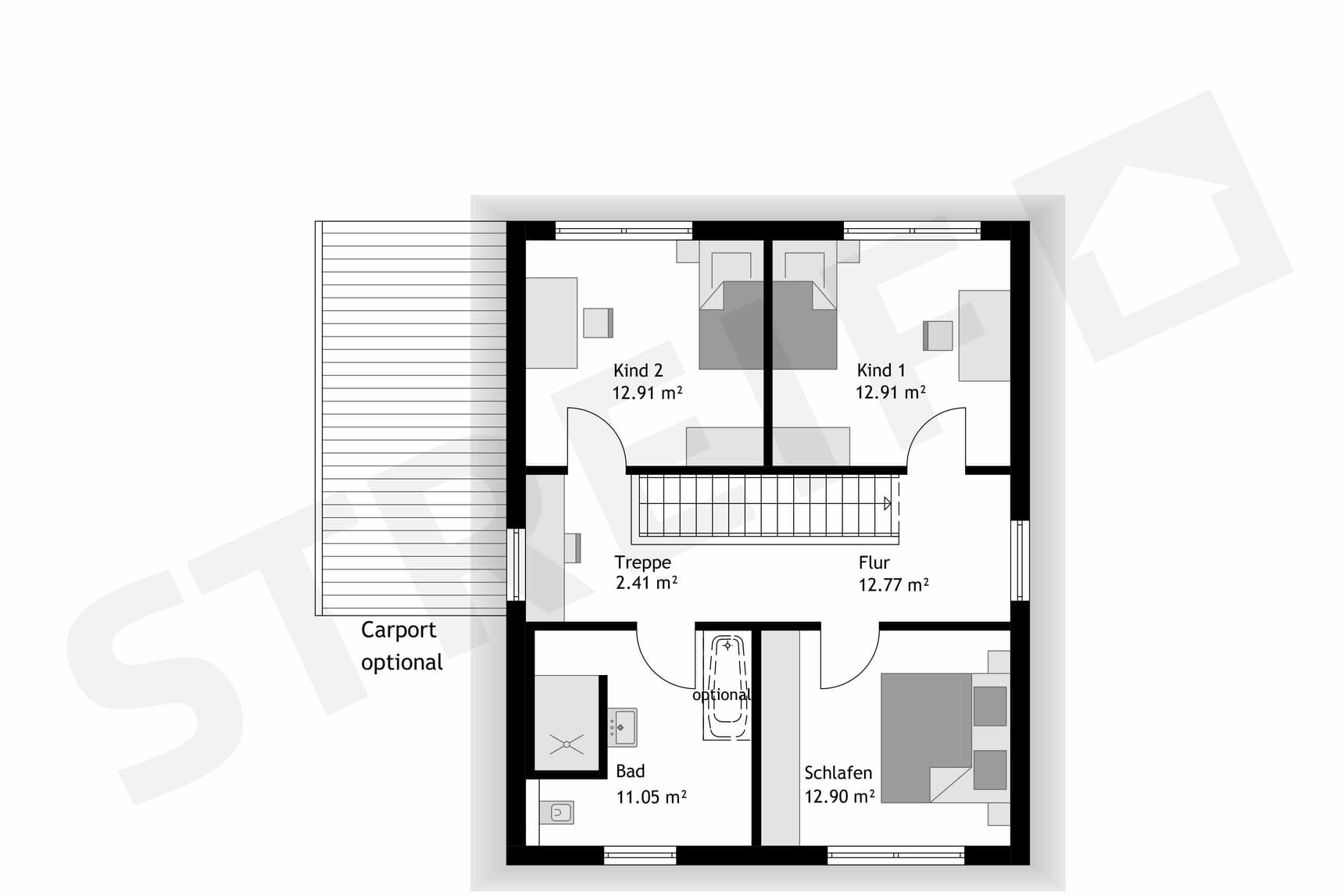 Fertighaus Einfamilienhaus Obergeschoss mit Flur, zwei Kinderzimmern, Schlafzimmer und Bad