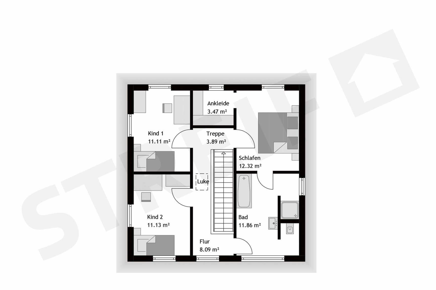 Fertighaus Stadtvilla Obergeschoss mit mittiger Treppe, zwei Kinderzimmern, Schlafzimmer, Ankleide und Bad