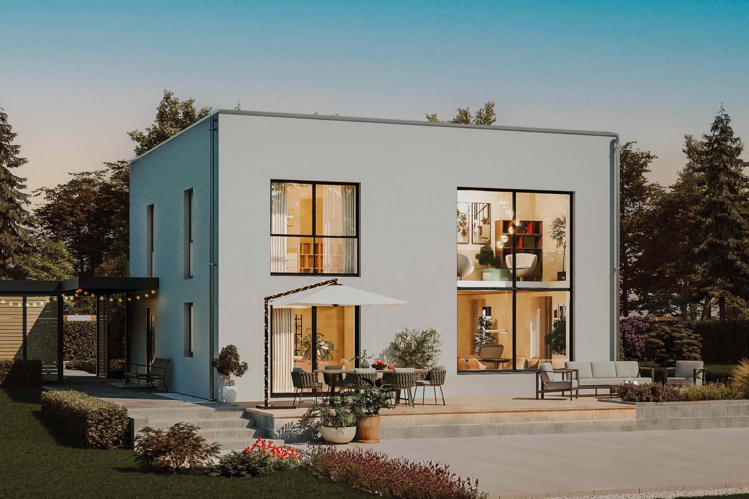 Außenaufnahme eines Aktionshauses mit Garten und großen Fenstern der Firma STREIF