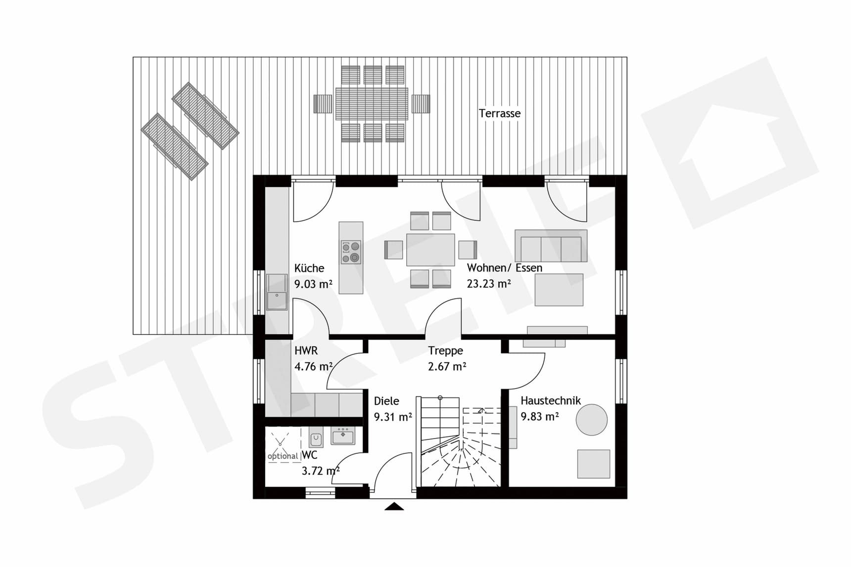 Fertighaus Einfamilienhaus Erdgeschoss mit Satteldach, zentraler Treppe, Wohn-Essbereich, Küche, HWR und Terrasse