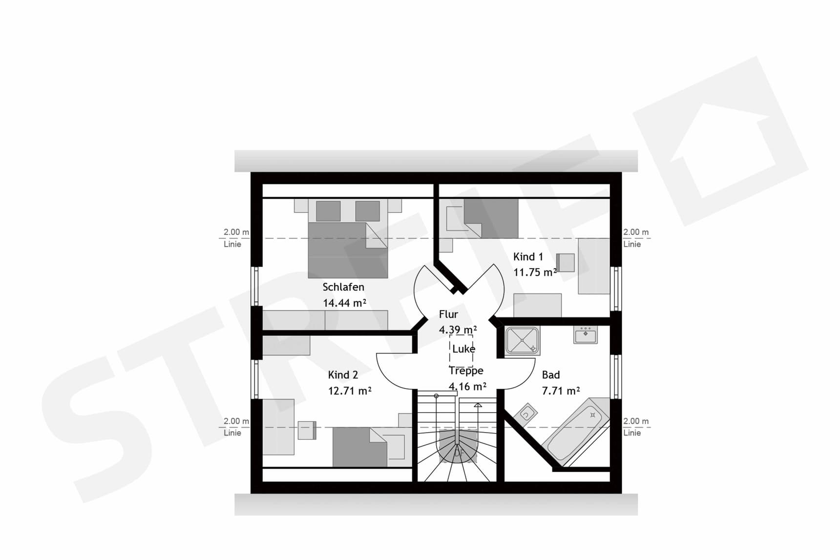Fertighaus Einfamilienhaus Obergeschoss mit zentraler Treppe, Flur, Schlafzimmer, zwei Kinderzimmern und Bad