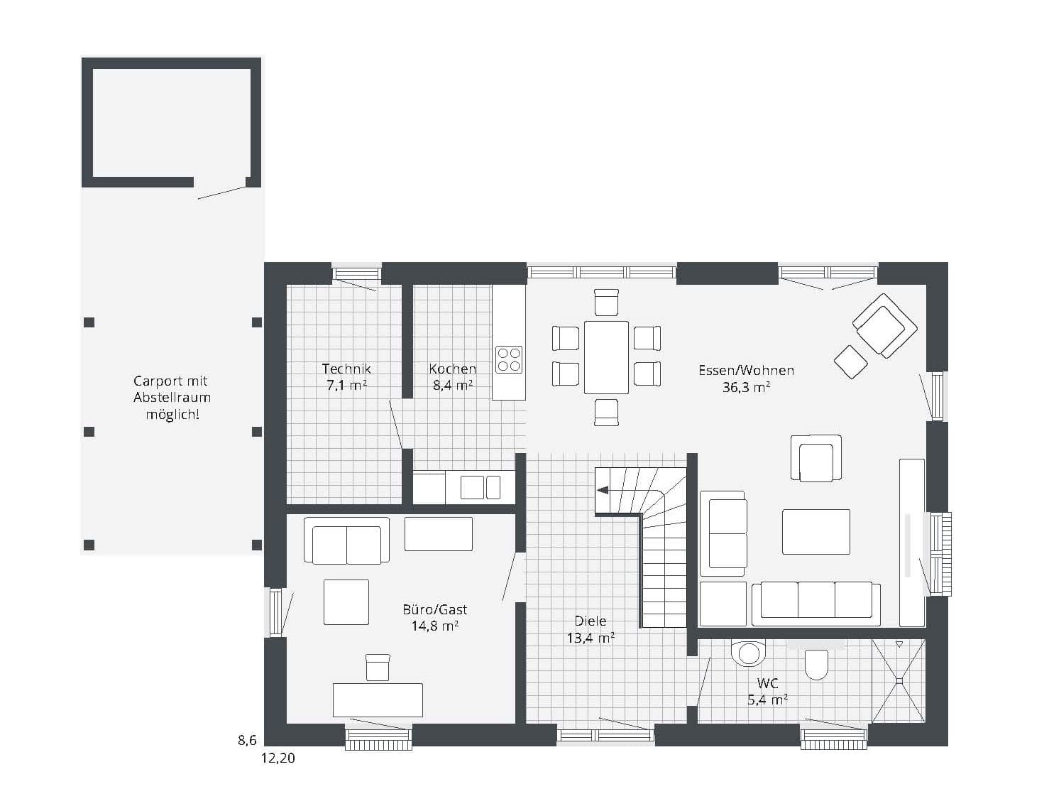 Grundriss eines Hauses mit Carport, Technikraum, Küche, Büro, Wohnzimmer, Diele und WC in schwarz-weiß mit Maßen