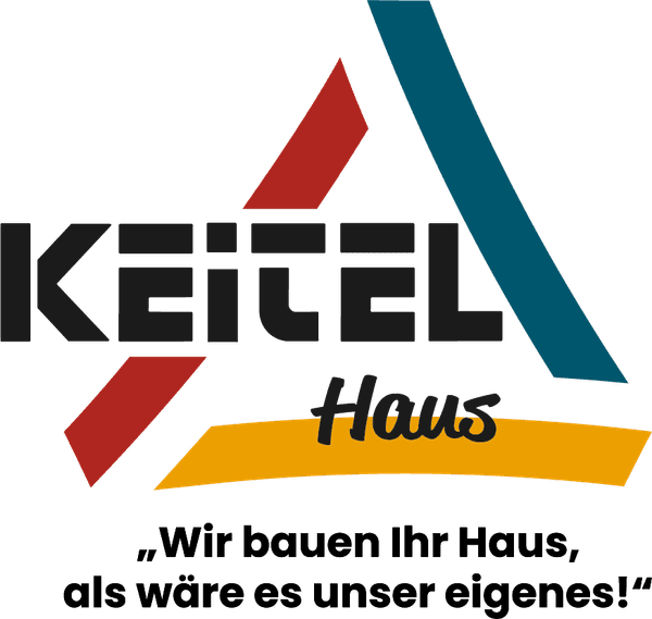 Logo von Keitel Haus mit bunten Dreiecken in Rot, Blau und Gelb und dem Slogan Wir bauen Ihr Haus als wäre es unser eigenes