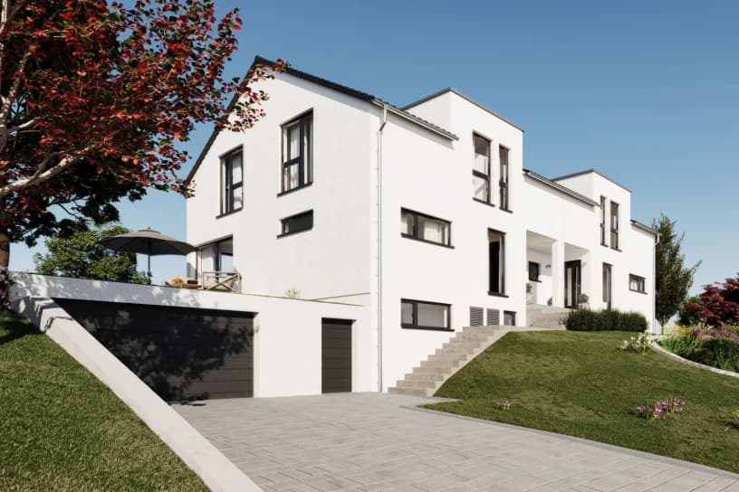 Großzügiges Doppelhaus mit Satteldach in Hanglage: Moderne Architektur mit versetzten Baukörpern, großen Fenstern und Tiefgarage. Exklusives Wohnen, gepflegter Garten und Panoramablick.