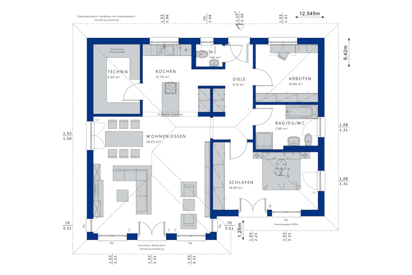 Grundriss für ein Einfamilienhaus mit 100 qm Wohnfläche
