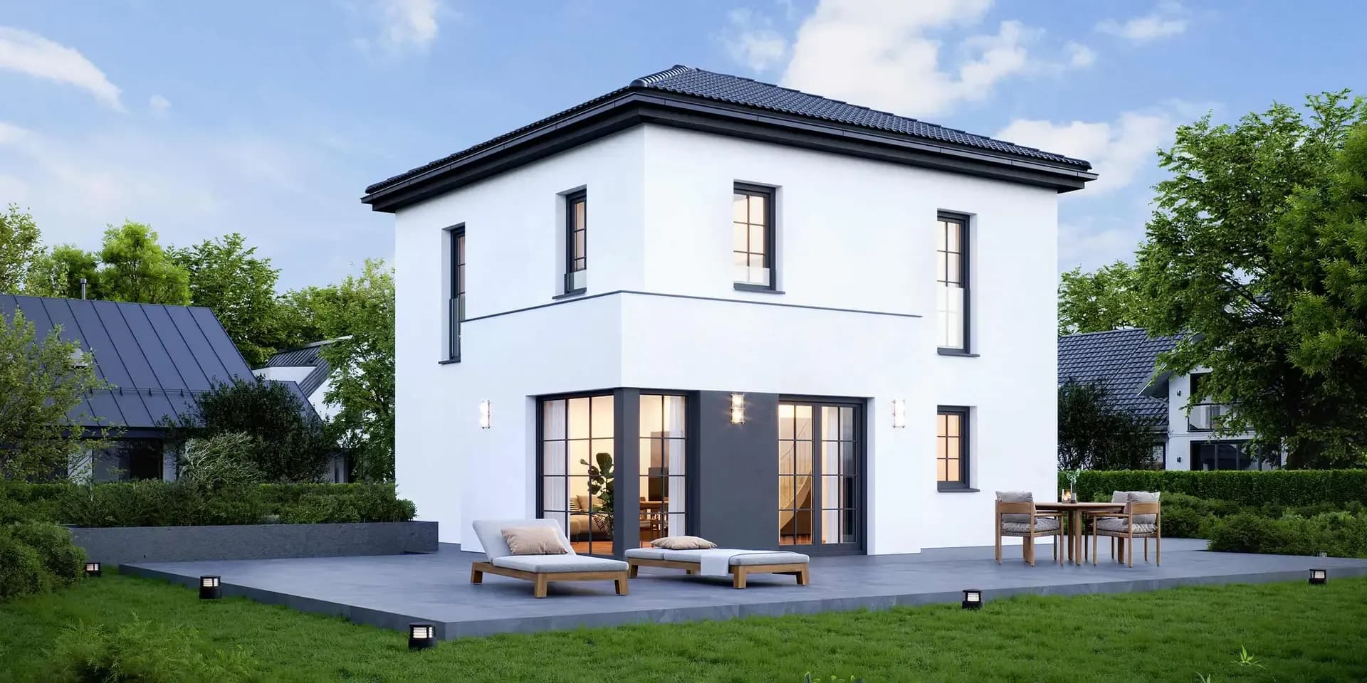 Moderne Stadtvilla mit Zeltdach und Terrasse