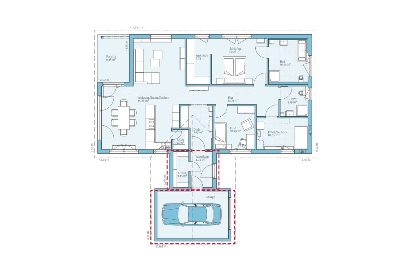 Grundriss eines Bungalows mit angrenzender Garage