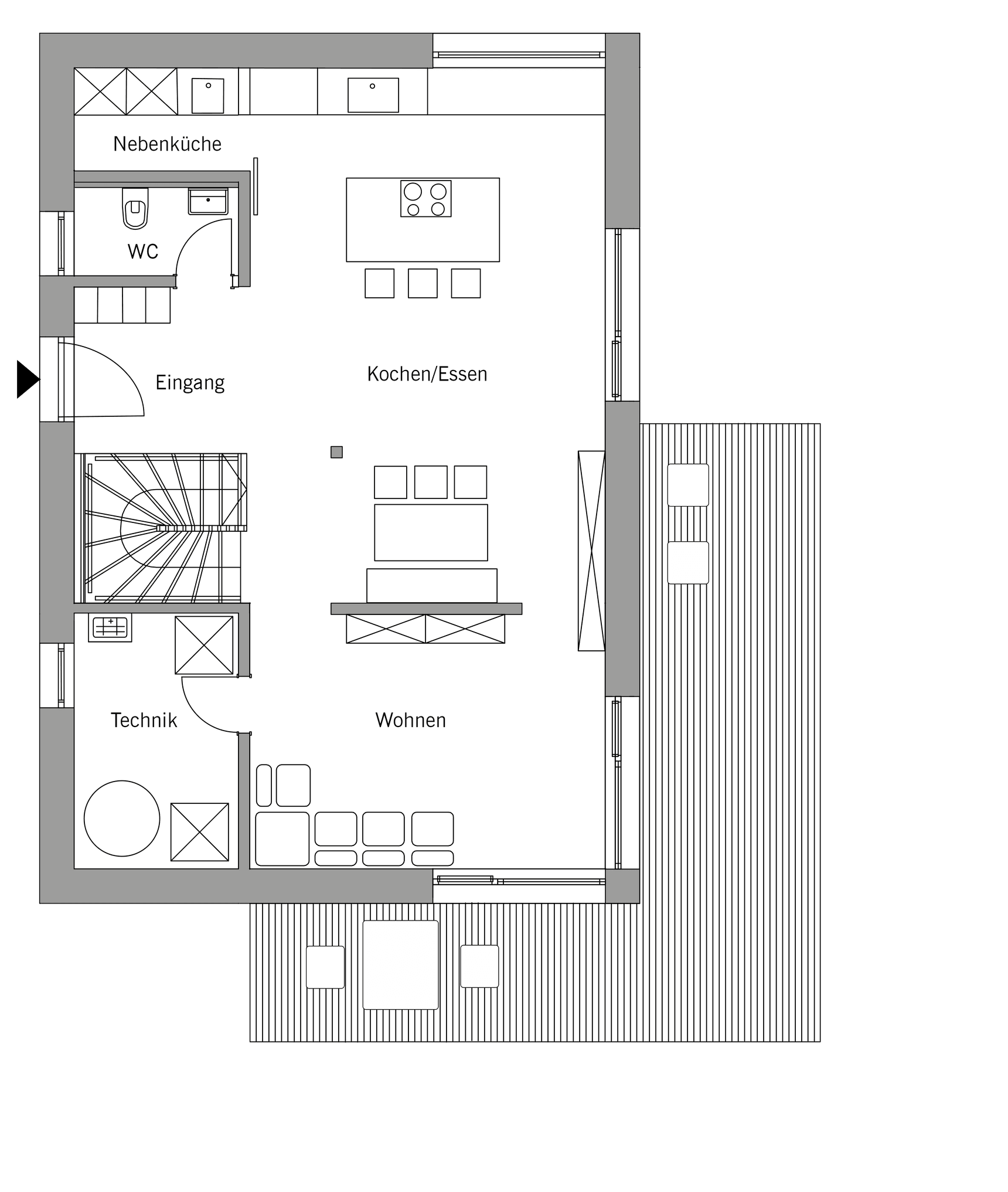 Grundriss des Erdgeschosses im modernen Musterhaus mit offenem Wohn-, Ess- und Küchenbereich, WC, Technikraum und Terrasse.
