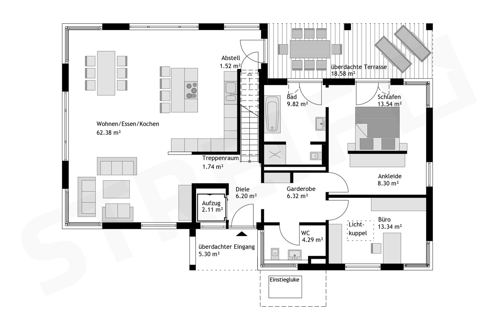 Grundriss eines modernen Musterhauses mit offenem Wohnbereich, Schlafzimmer, Büro, Bad, Ankleide und überdachter Terrasse.