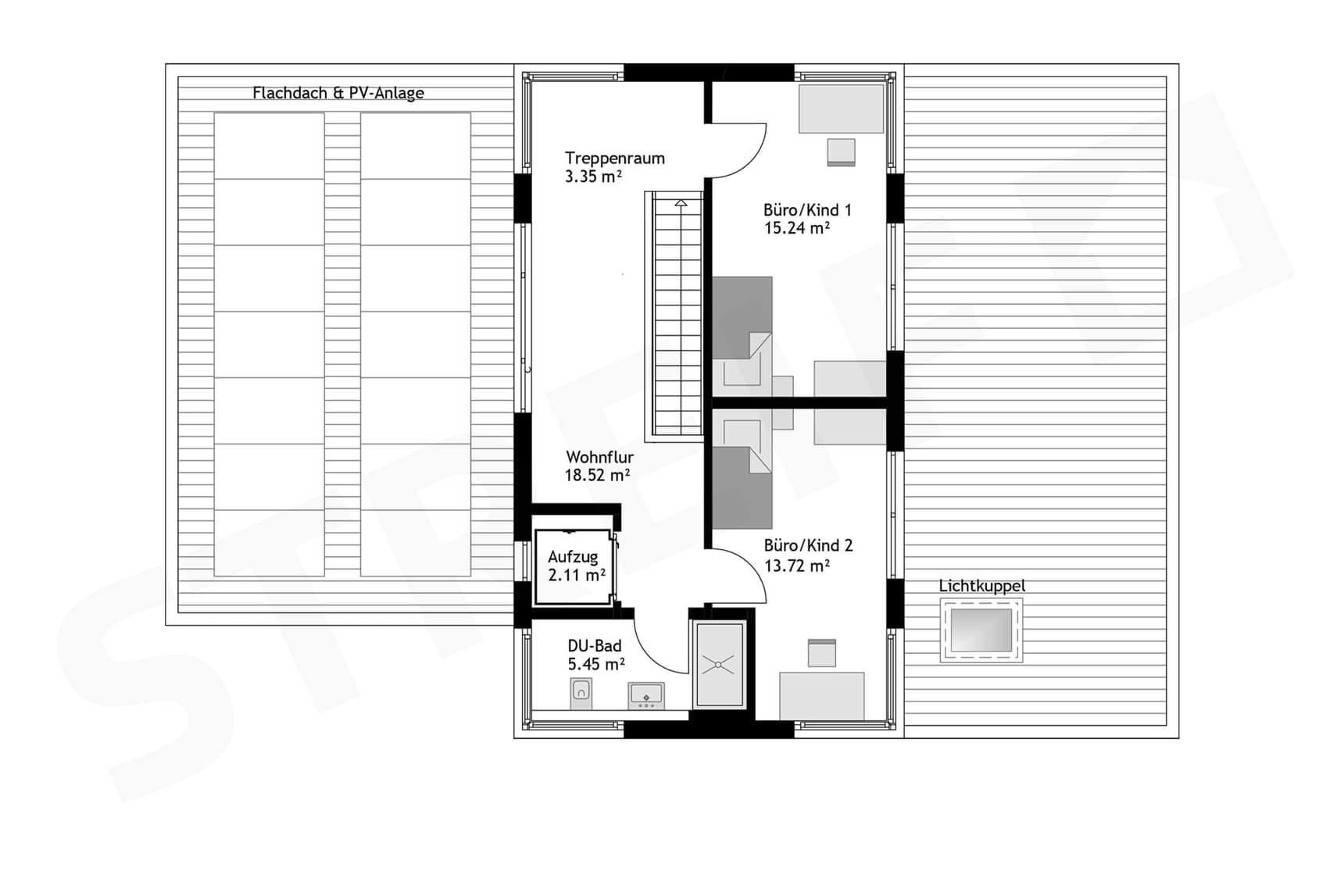 Grundriss Obergeschoss Musterhaus mit zwei Kinderzimmern, Bad, Wohnflur, Treppenraum, Aufzug, Flachdach und PV-Anlage.