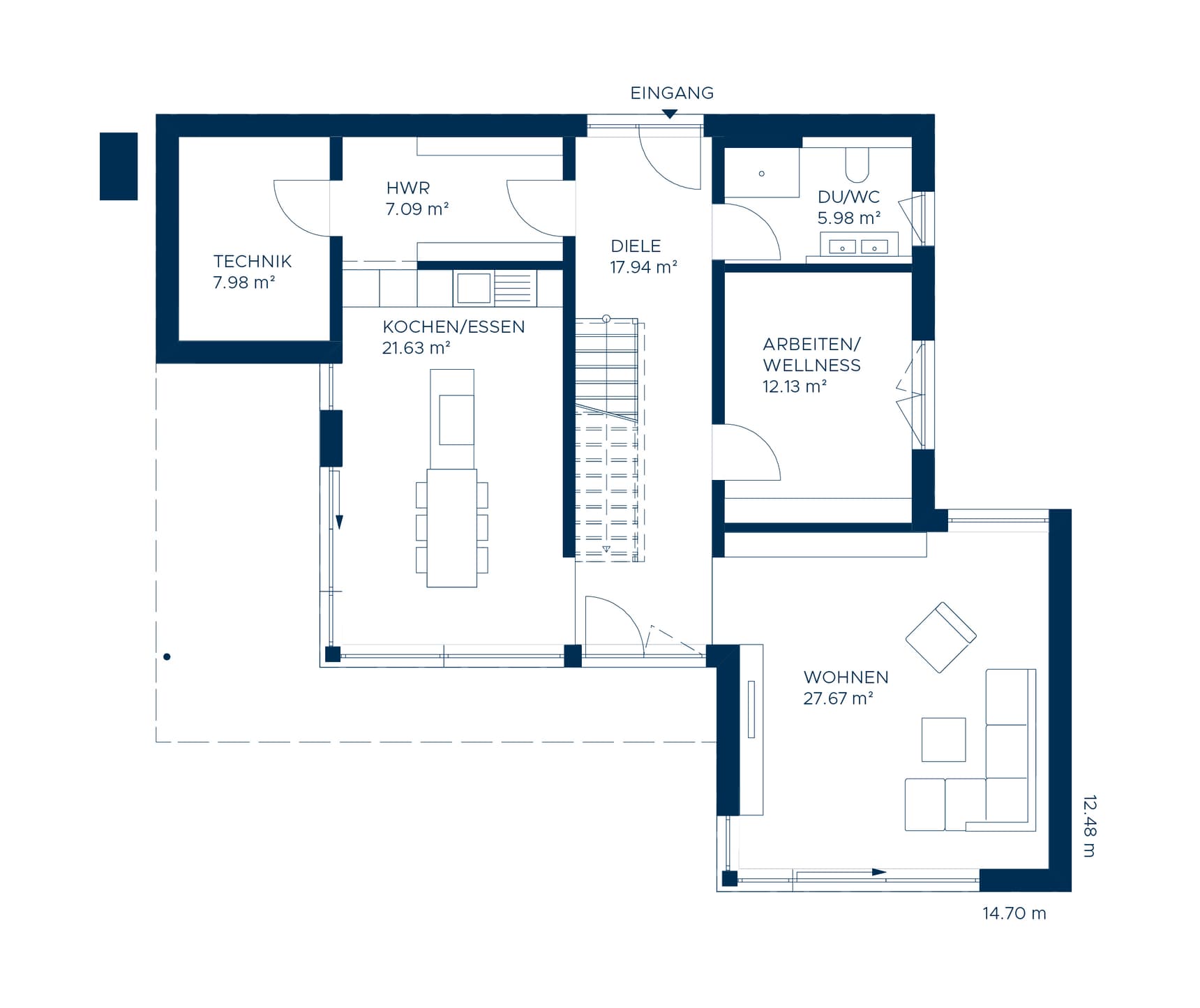 Grundriss Erdgeschoss mit Küche, Essen, Wohnen, Arbeiten, Wellness, Technik, Hauswirtschaftsraum und Bad in Blauzeichnung