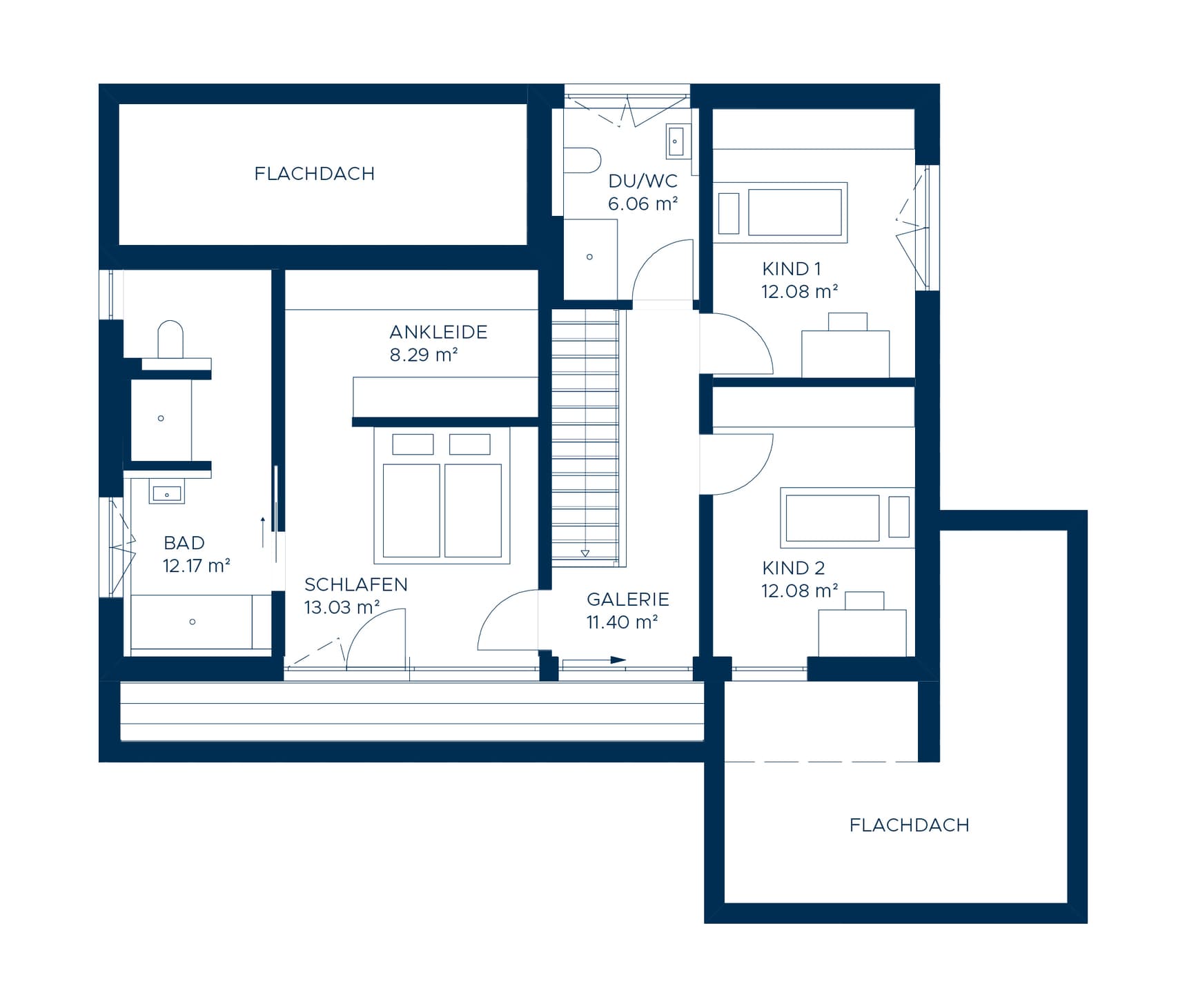 Architektur Grundriss in Blau mit Schlafzimmer, Ankleide, Badezimmer, Galerie, zwei Kinderzimmern und Dusche-WC Bereich