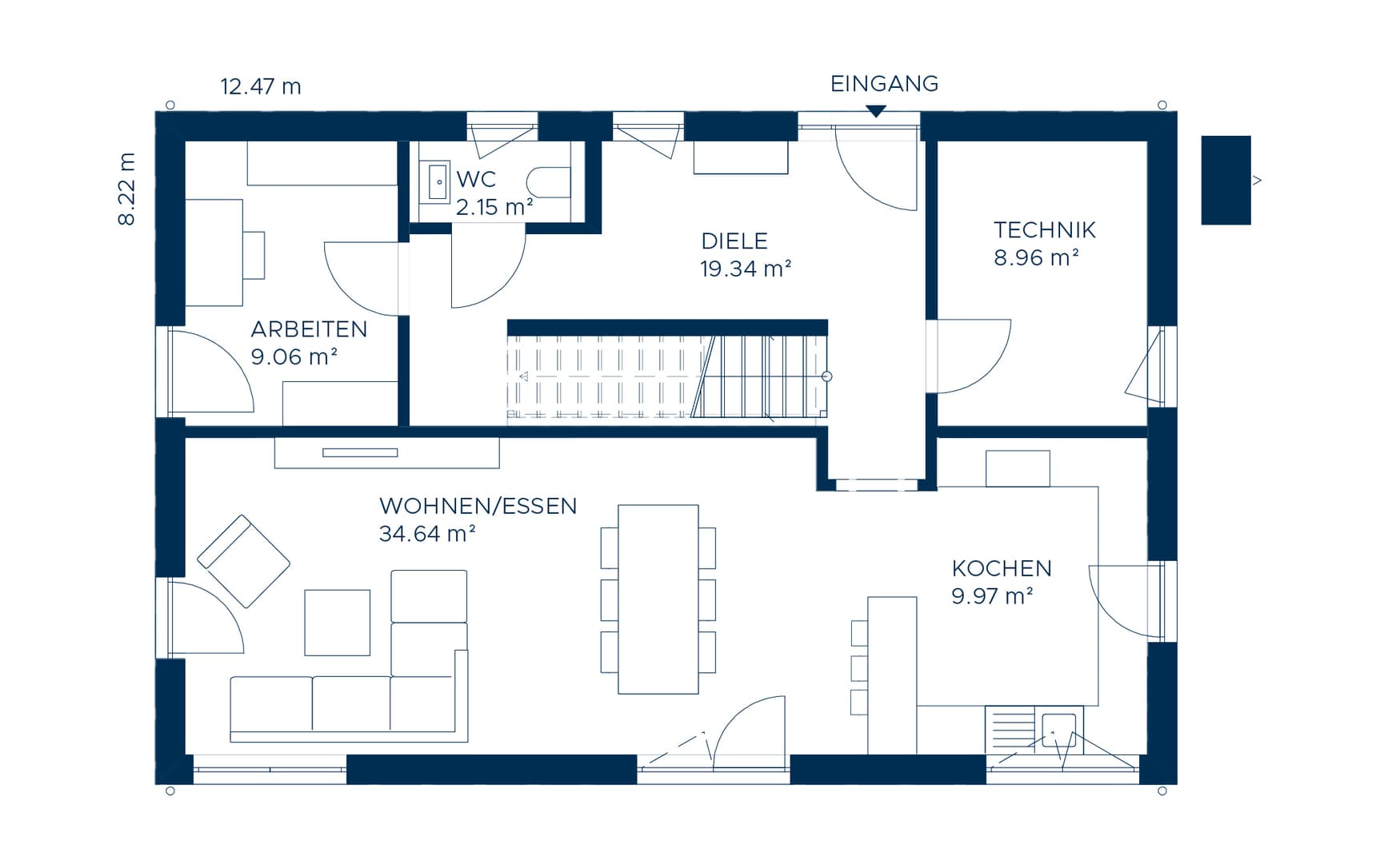 Grundriss Erdgeschoss mit Wohn-Essbereich, Küche, Arbeitszimmer, Technikraum, WC und Diele in Blauzeichnung