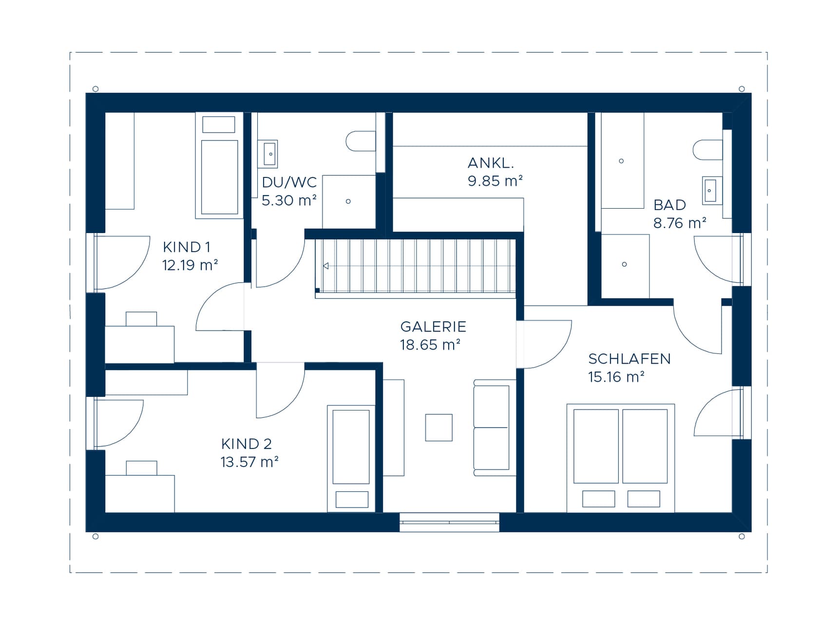 Grundriss Obergeschoss mit zwei Kinderzimmern, Schlafzimmer, Galerie, Ankleide und zwei Bädern in Blau und Weiß