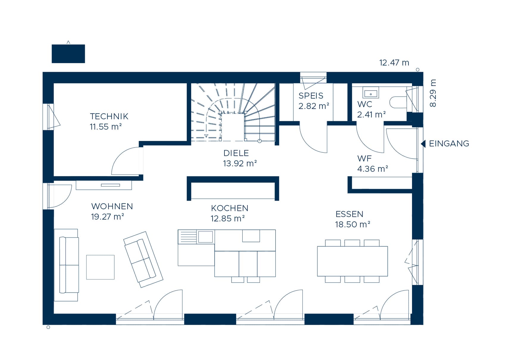 Grundriss Erdgeschoss mit Wohnbereich, Küche, Esszimmer, Technikraum, Speisekammer, WC und Eingang in Blau auf Weiß