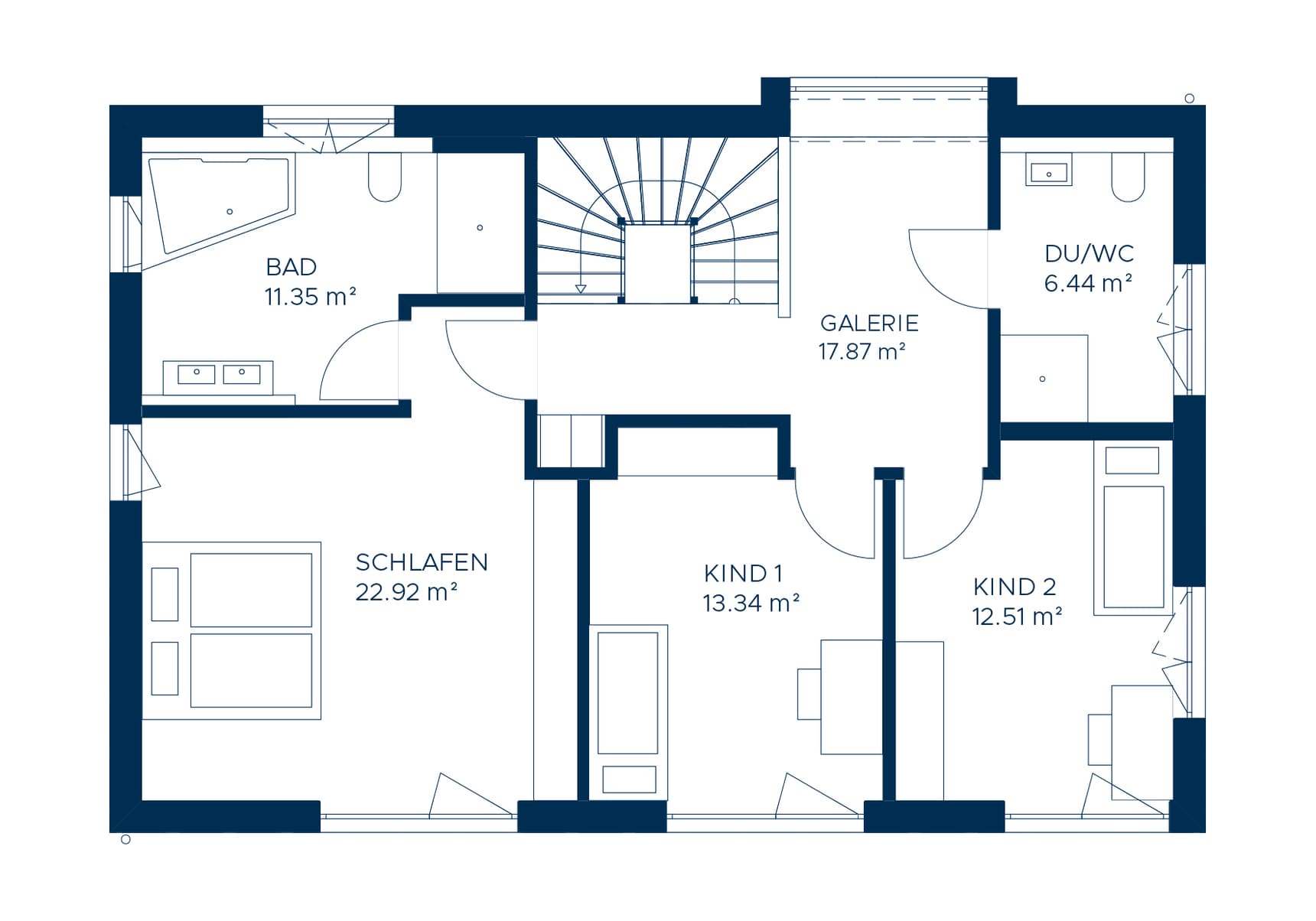Blauer 2D-Grundriss mit Schlafzimmer, Kinderzimmern, Galerie, Bad und DU/WC in Weiß und Blau auf weißem Hintergrund