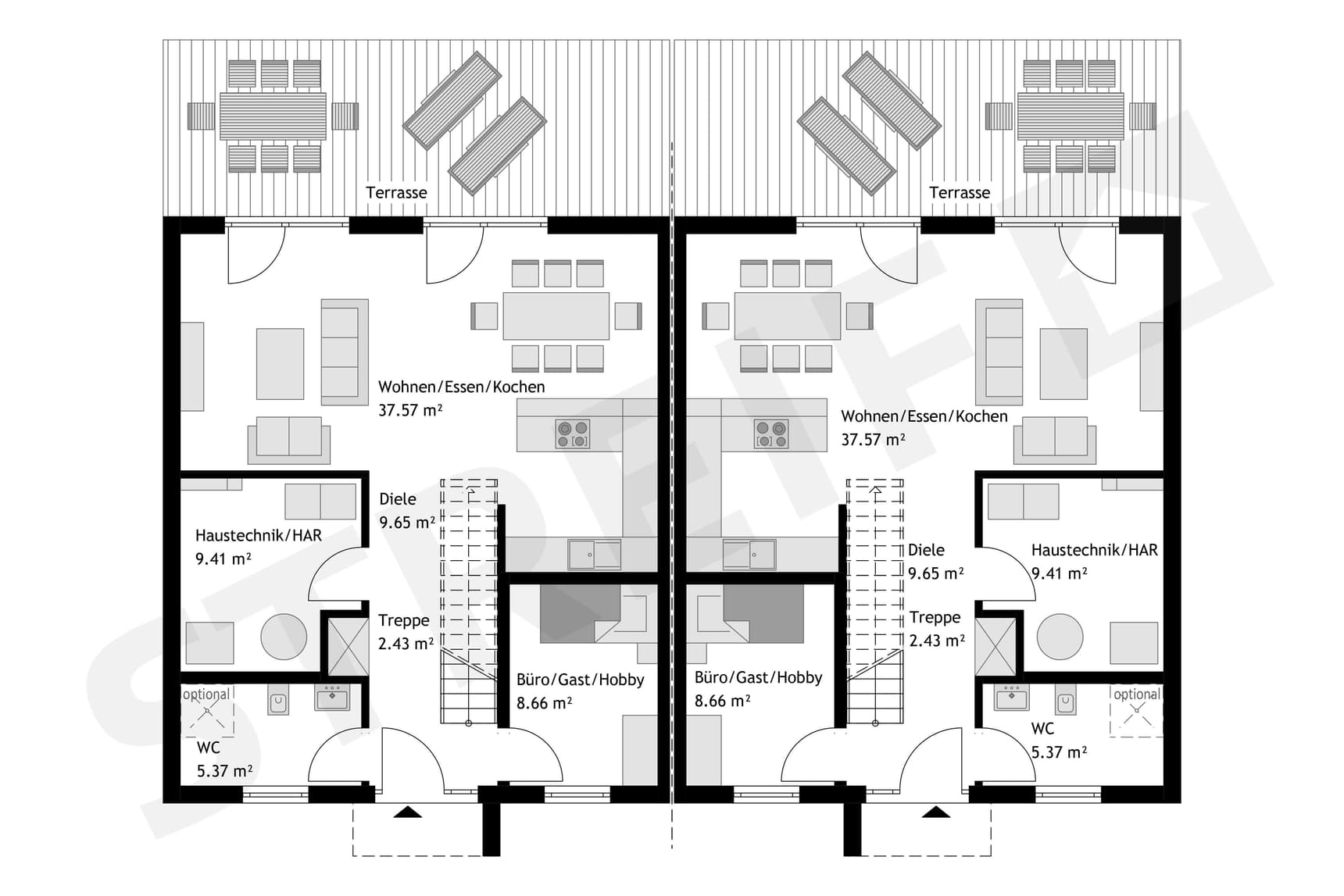 Grundriss Erdgeschoss des Aktionshauses "Unsere Besten - Doppelhaus" der Fertighausfirma STREIF