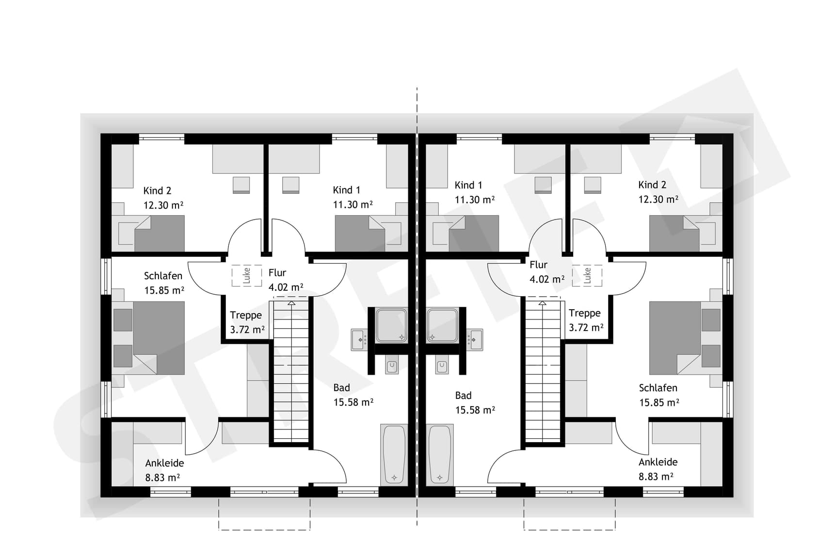 Grundriss Obergeschoss des Aktionshauses "Unsere Besten - Doppelhaus" der Fertighausfirma STREIF