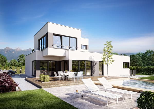 Modernes zweigeschossiges Flachdachhaus in kubischer Architektur mit großen Glasfronten.