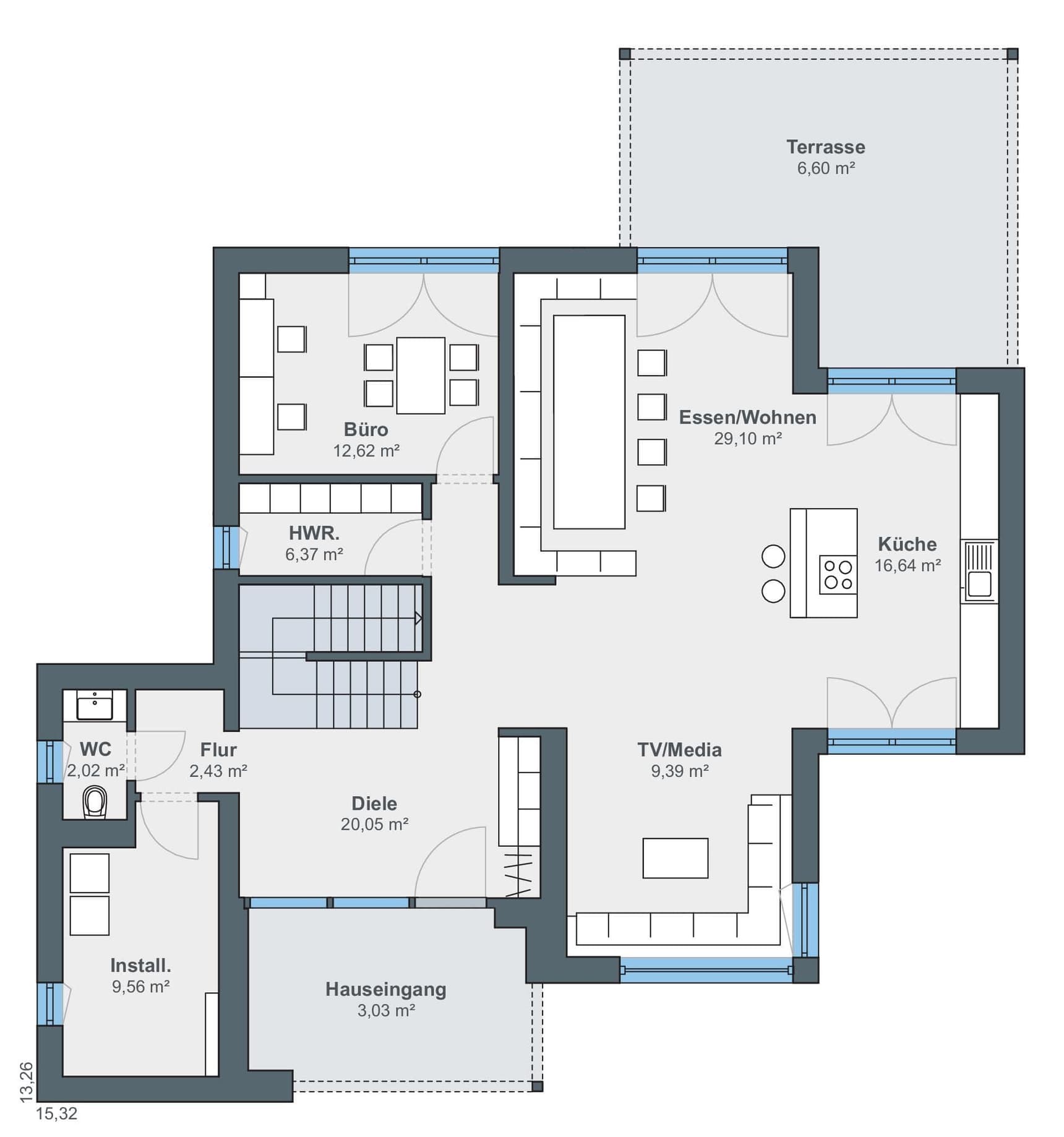 Grundriss eines modernen Musterhauses mit Küche, Wohnbereich, Büro, WC, Hauswirtschaftsraum und Terrasse im Erdgeschoss.