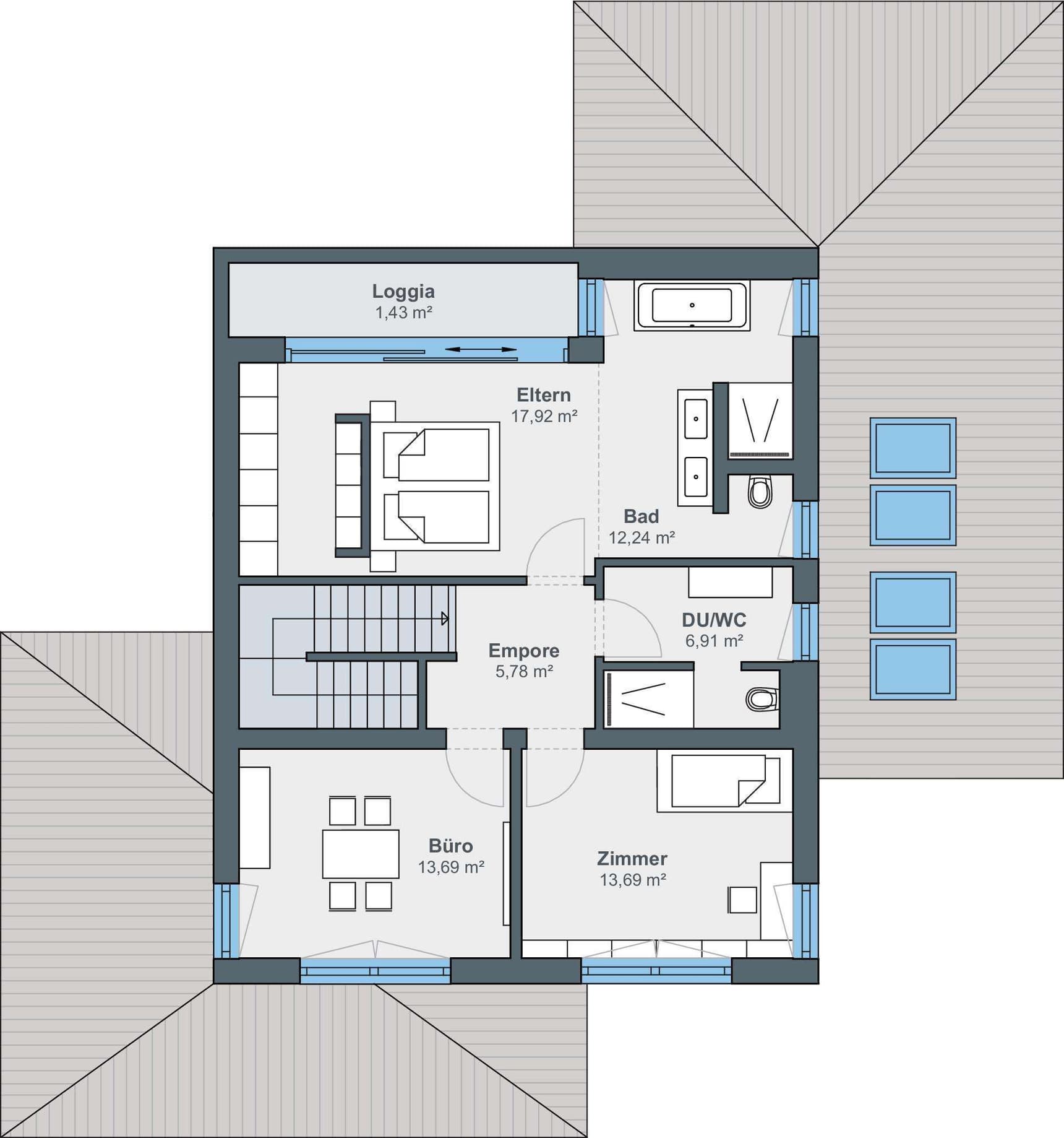 Grundriss Obergeschoss Musterhaus mit Schlafzimmer, Büro, Zimmer, Bad, Dusche/WC, Empore und kleiner Loggia.