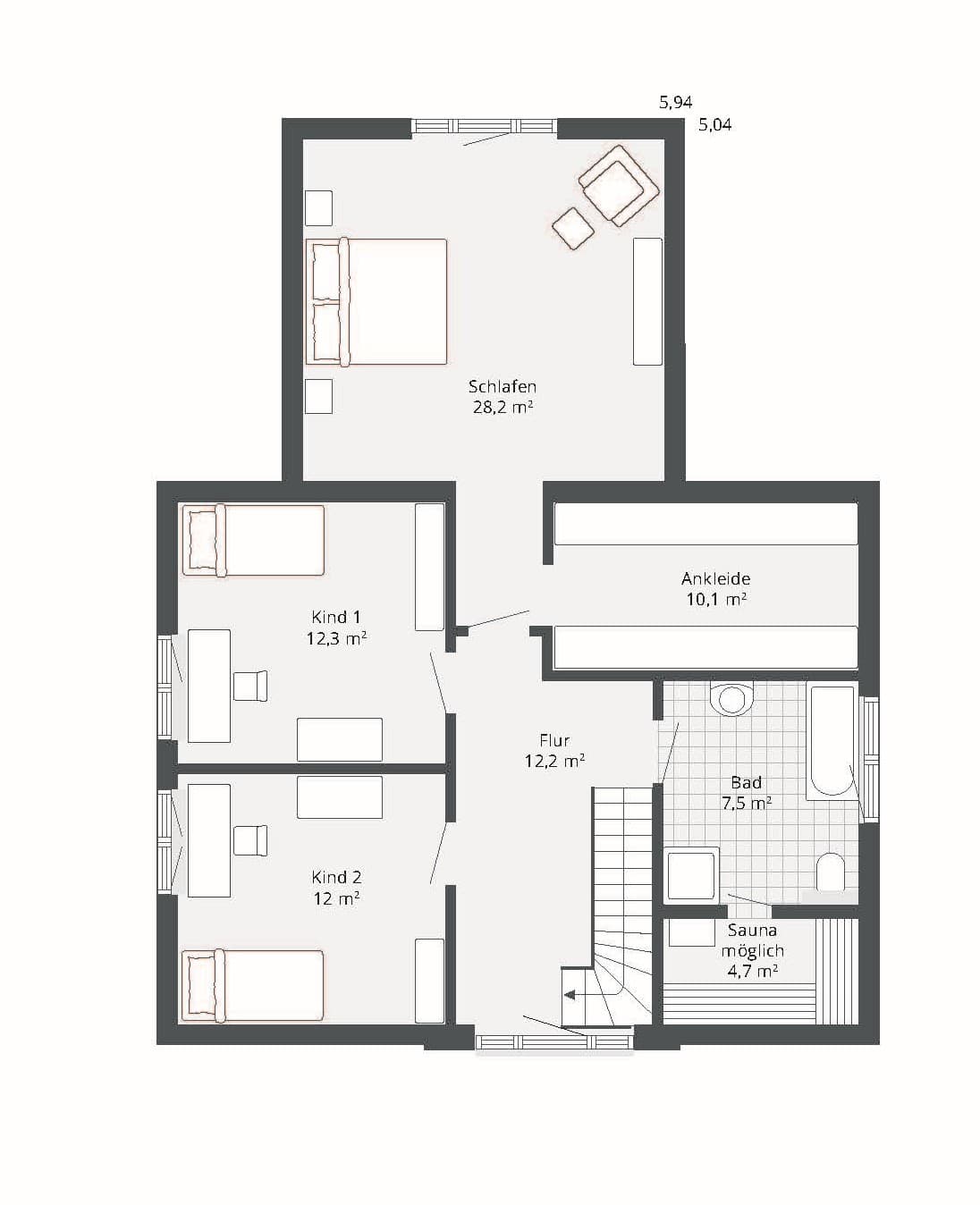 Grundriss obere Etage mit Schlafzimmer, zwei Kinderzimmern, Ankleide, Flur, Bad und Sauna möglich in Schwarz-Weiß